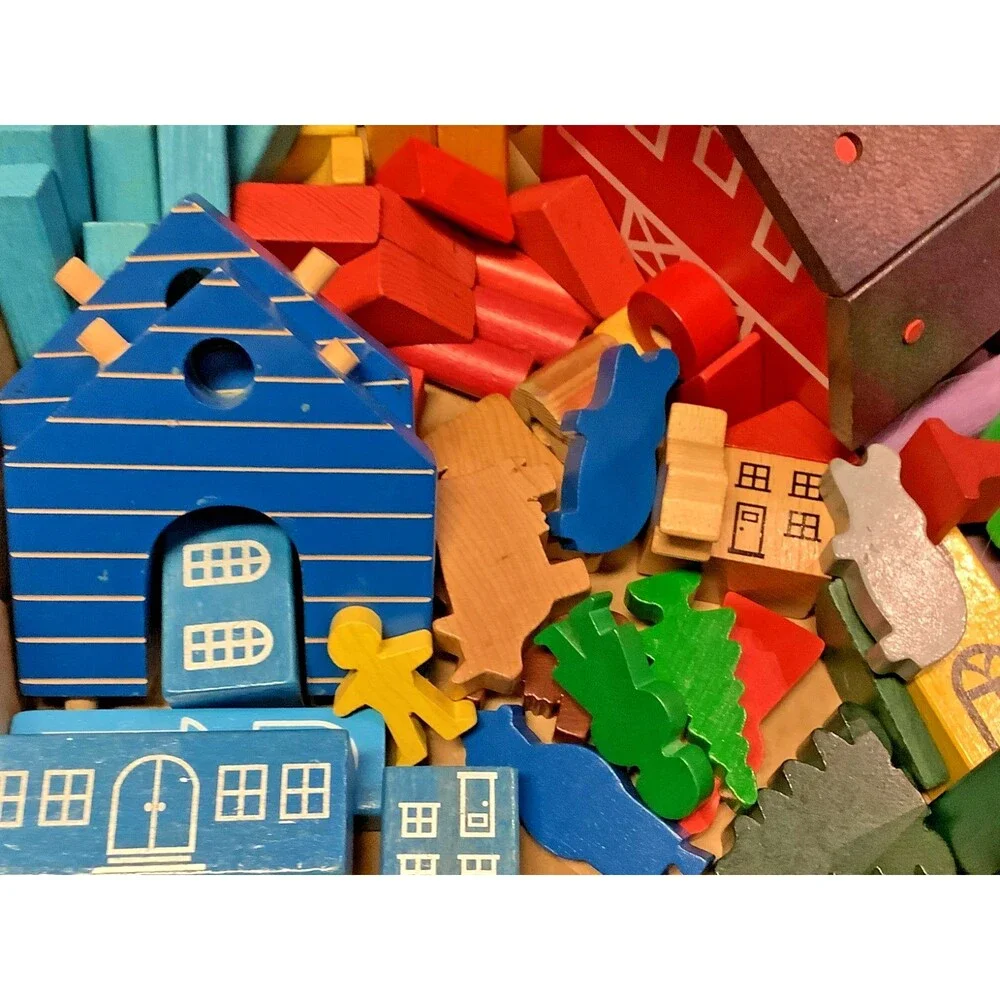Vtg Wood Blocks TC Timber Huge Set Funland Farm Town Animals People 120+ Pieces